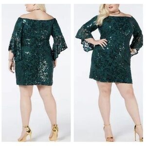 Morgan & Co Green Lace Sequin Dress Formal Off Shoulder Bell Sleeve NEW | 20W